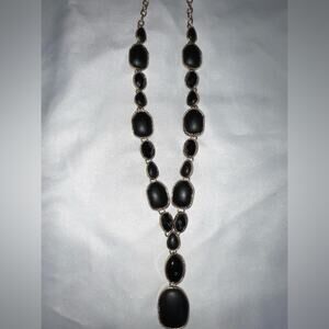 MATTE SHINY BLACK PLASTIC CABOCHON Y-SHAPED GOLD TONE CHAIN NECKLACE 19.5”